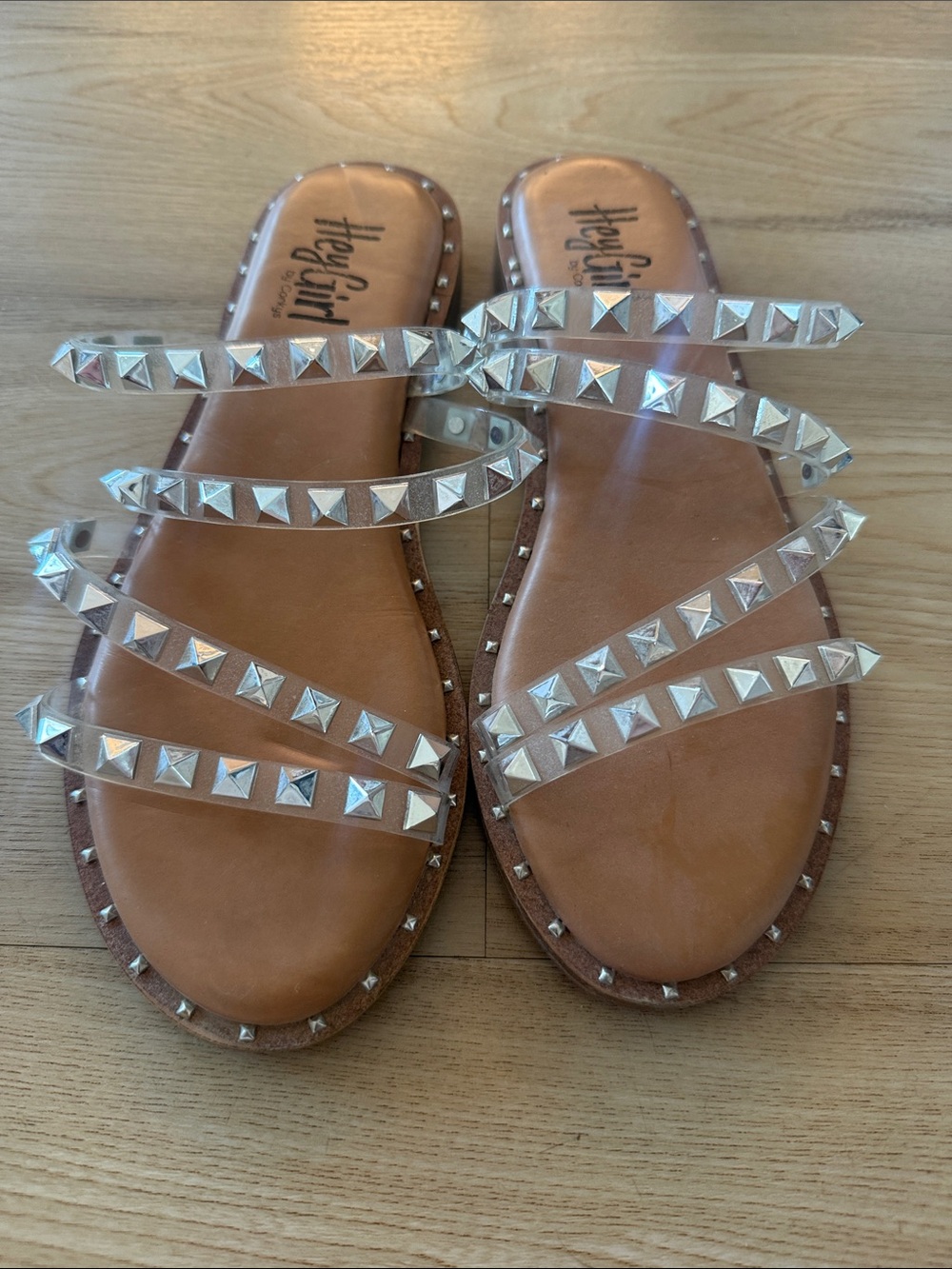 Clear Studded Strappy Slide Sandals — Brown